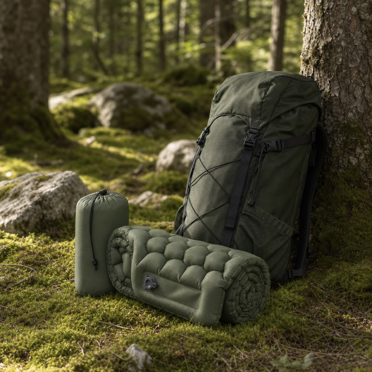 Kompakt verstaute Azenvoria Trekkingmatte neben Wanderrucksack