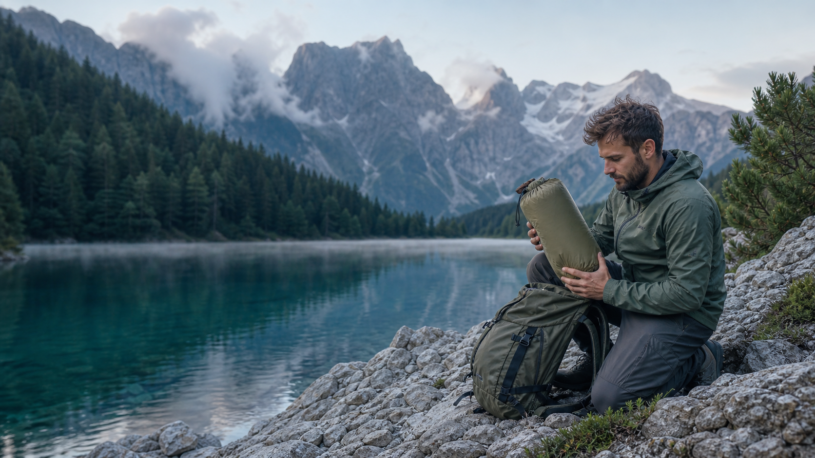Wanderer am Alpensee mit Azenvoria Trekking-Ausrüstung