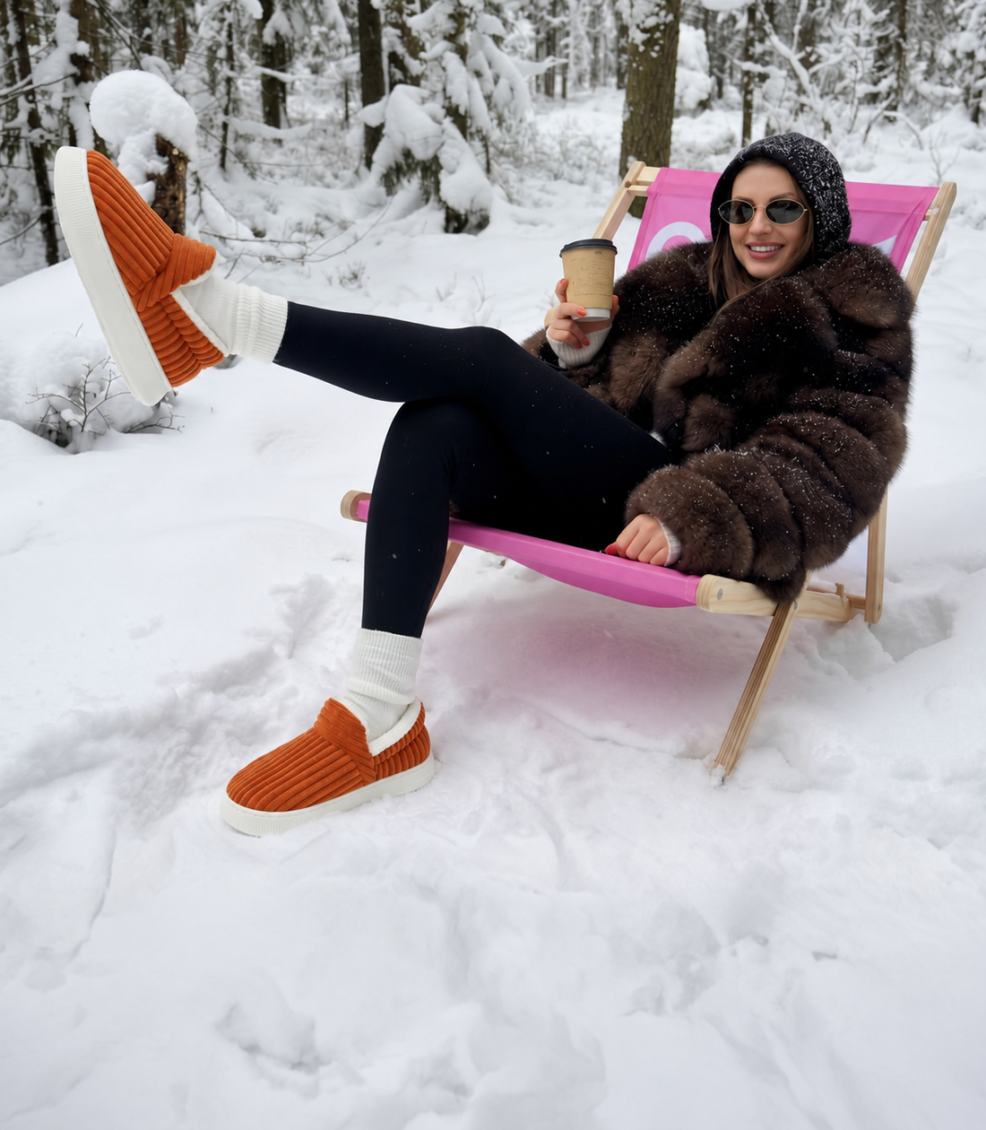 Person med orange tofflor i snömiljö